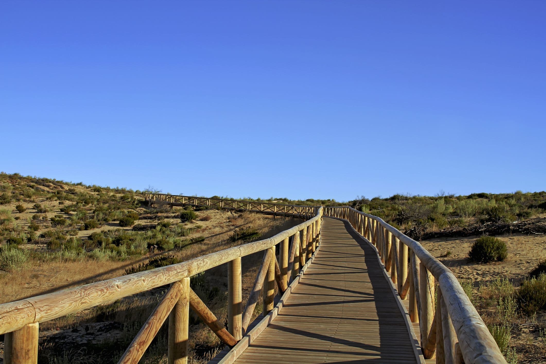 Sendero Cuesta de Maneli - ein Holzsteg, der zum Strand Playa de Cuesta Maneli führt, welcher sich im Naturpark Doñana an der Costa de la Luz befindet